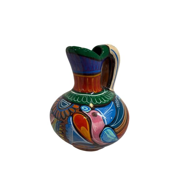 Hand-Painted Talavera Style Ceramic Pitcher With Colorful Bird Design - Picture 3 of 9